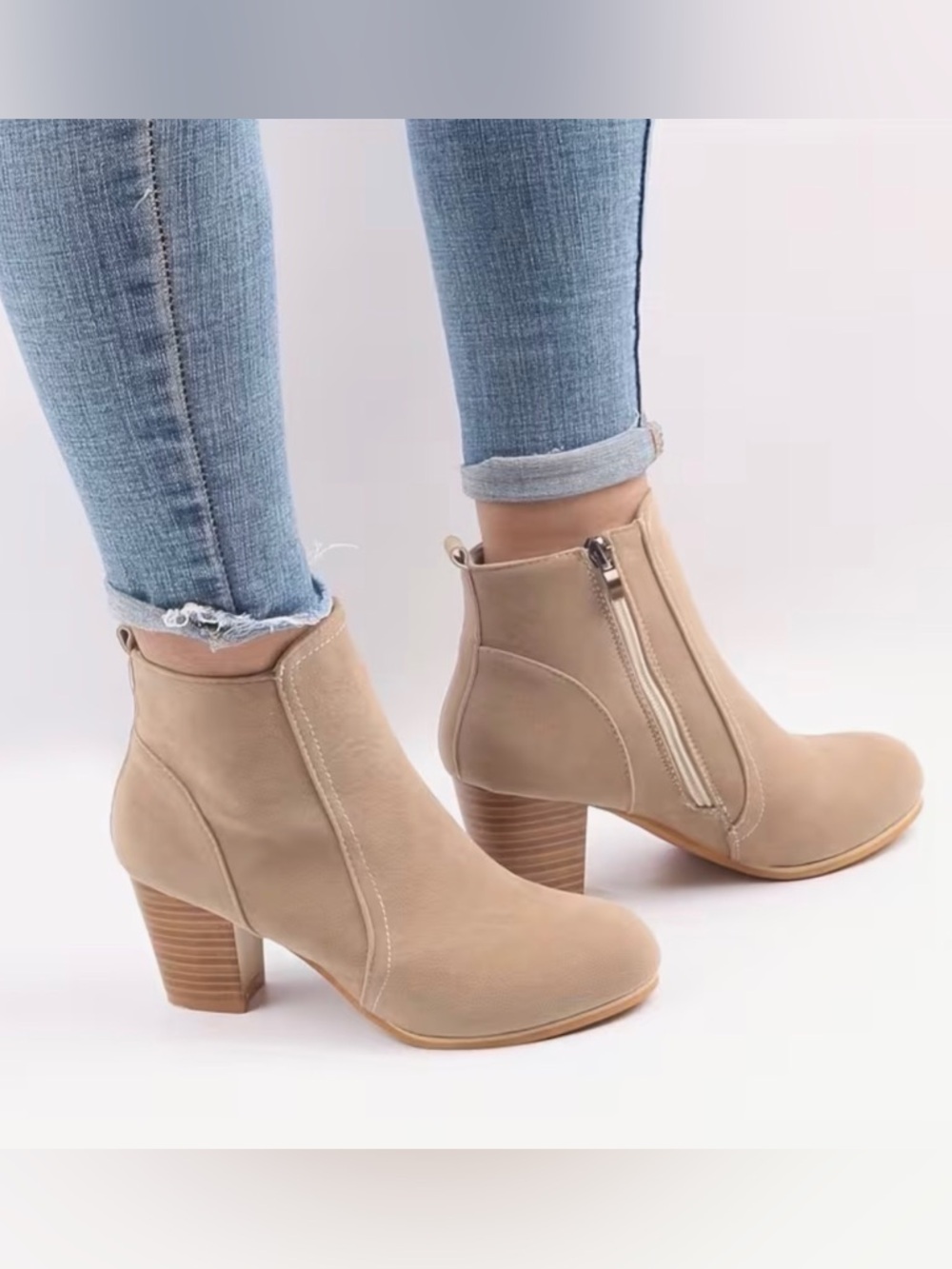Women's Beige Ankle Boots with Side Zip Sz 7